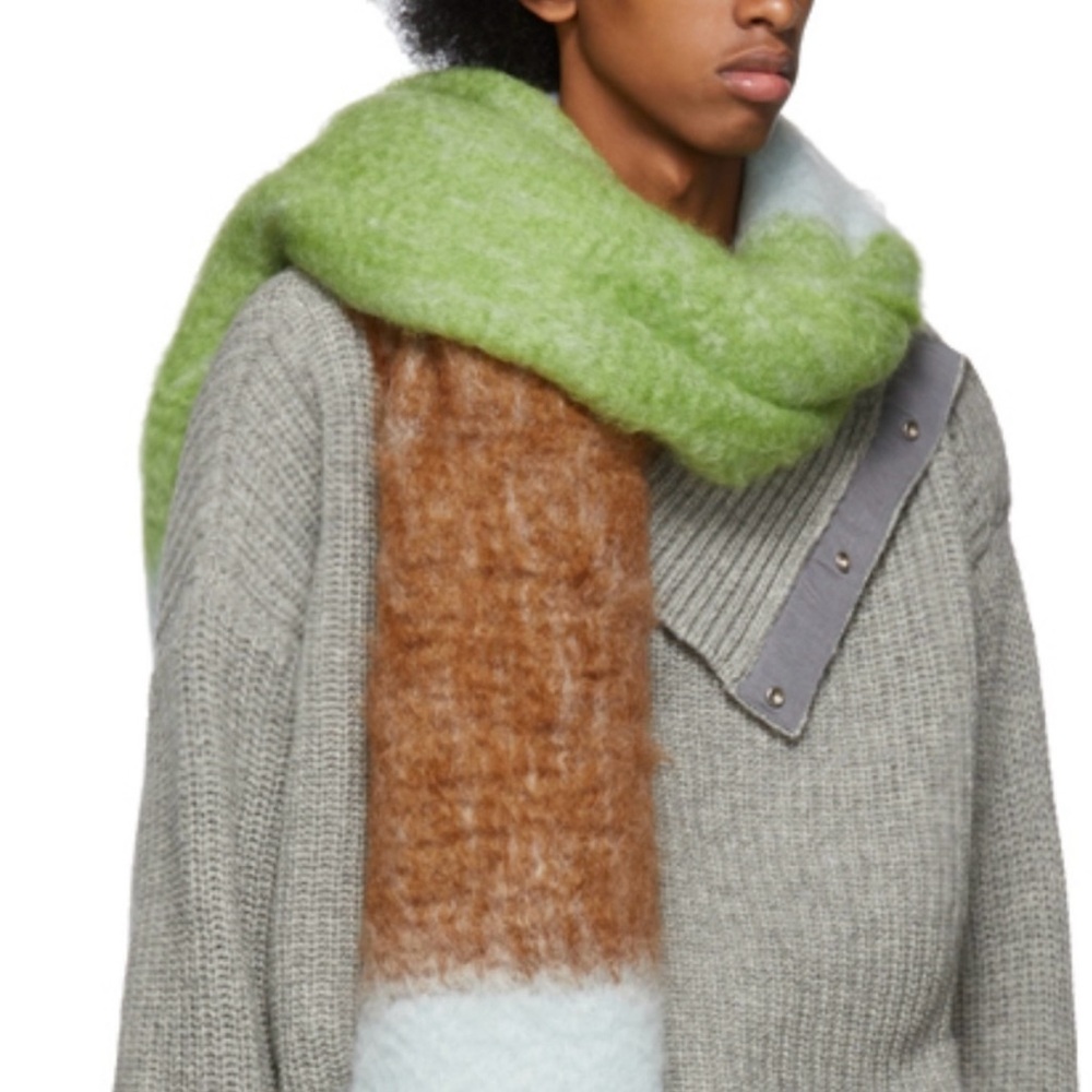 JIL SANDER Color Block Green Tan Blue Mohair Wool Warm Scarf